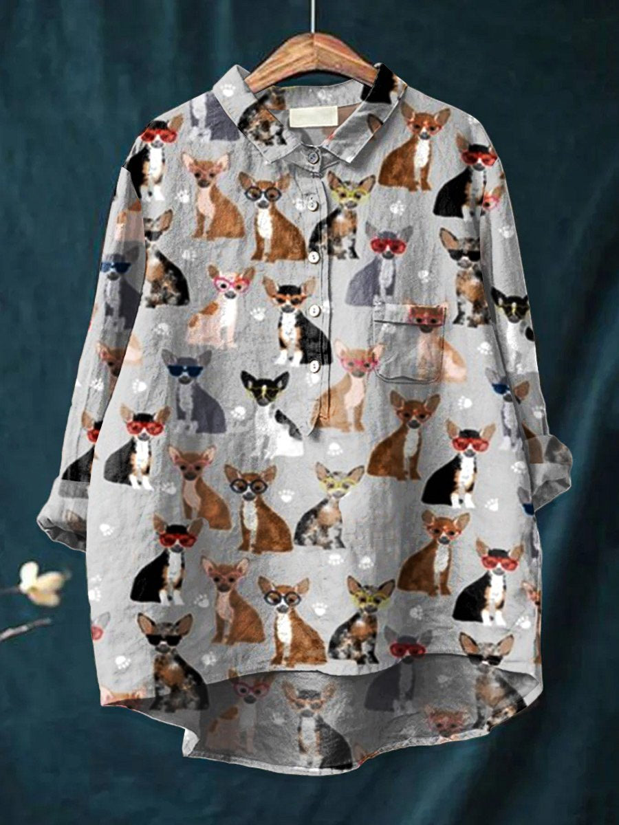 Women's Dog Art Print Casual Cotton And Linen Shirt