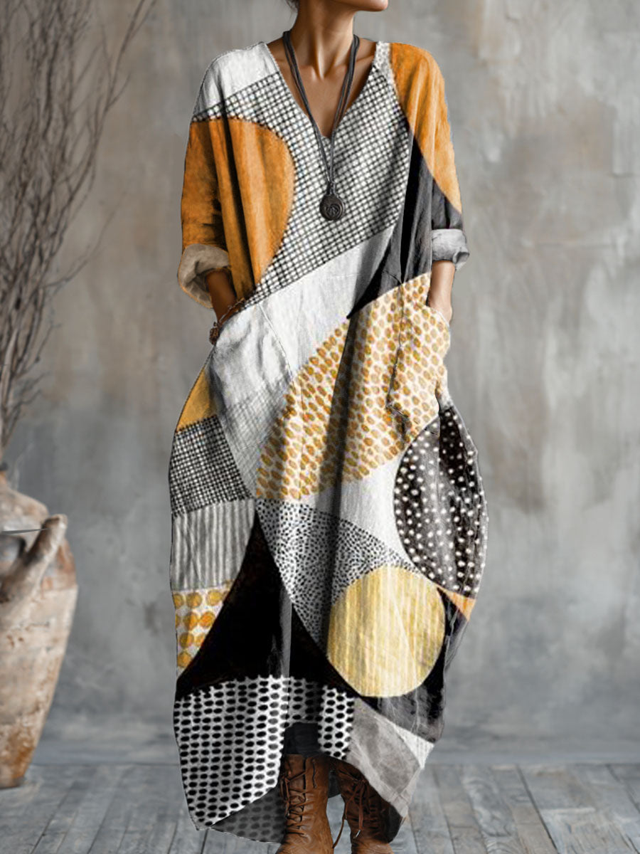 Women's Geometric Art Pattern Print Pocket V-neck Cotton Dress