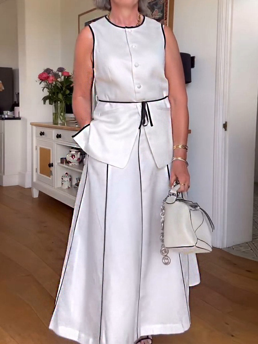 Women's Round Neck Contrast Color Edge Sleeveless Vest Cardigan Lace-up Vest High Waist A-Line Casual Cotton and Linen Skirt Set