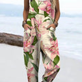 Women's Lovely Floral Pattern Art Print Casual 100% Cotton Wide Leg Jumpsuit