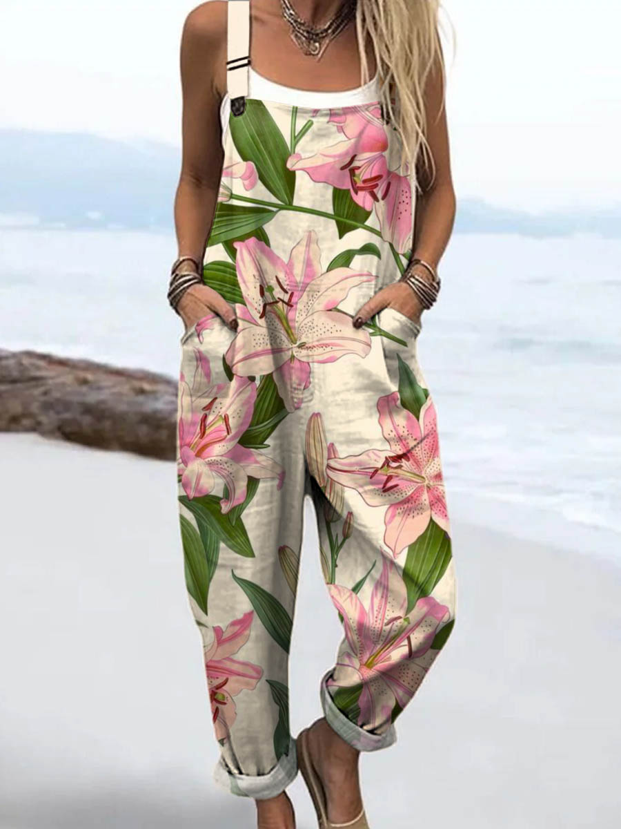 Women's Lovely Floral Pattern Art Print Casual 100% Cotton Wide Leg Jumpsuit
