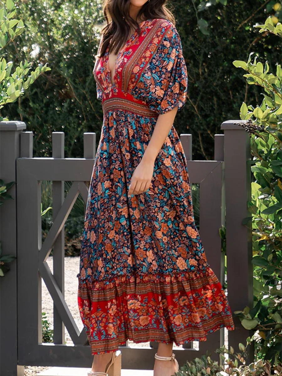 Women's Boho Floral Print V-Neck Dress
