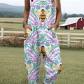 Women's  Funny Flower Bee Art Print Casual 100% Cotton Wide Leg Jumpsuit