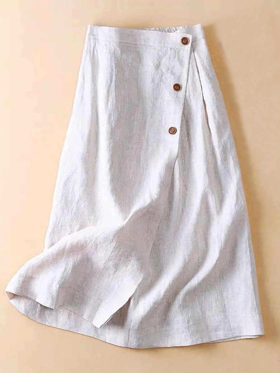 Women's Solid Casual Linen A-Line Button Skirt