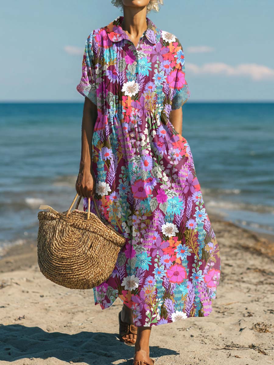 Women's Vintage Floral Art Print Cotton Dress