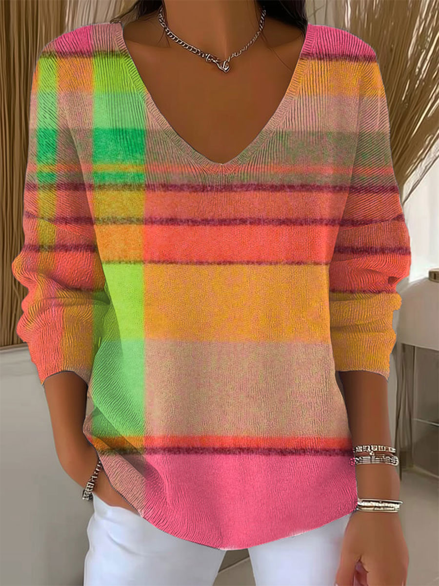 Women's Vintage Abstract Plaid Art Print Casual Pullover Sweater