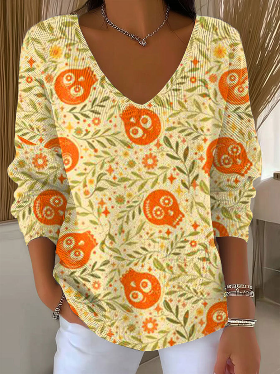 womens-vintage-halloween-skull-art-print-casual-pullover-sweater