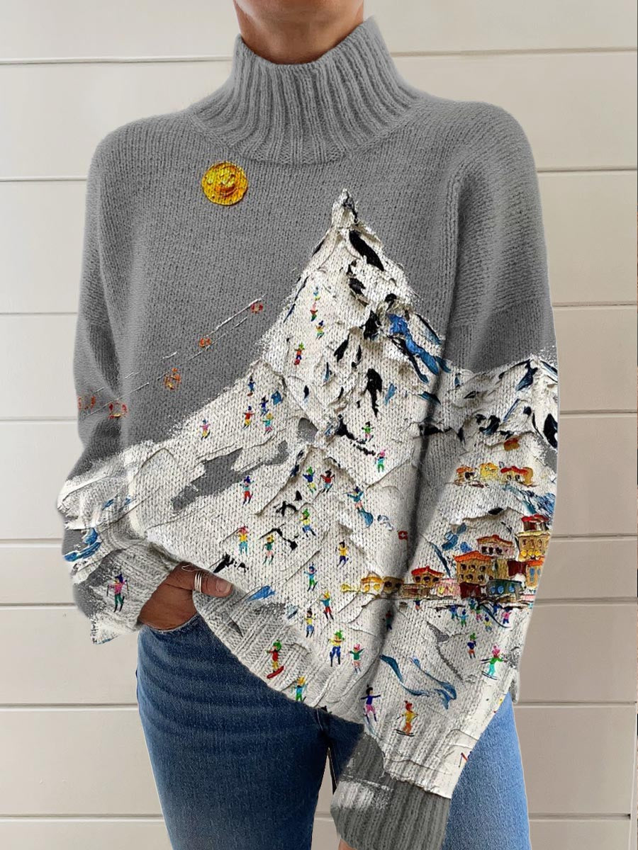 Women's Ski Painting Art Print Knit Turtleneck Pullover Sweater