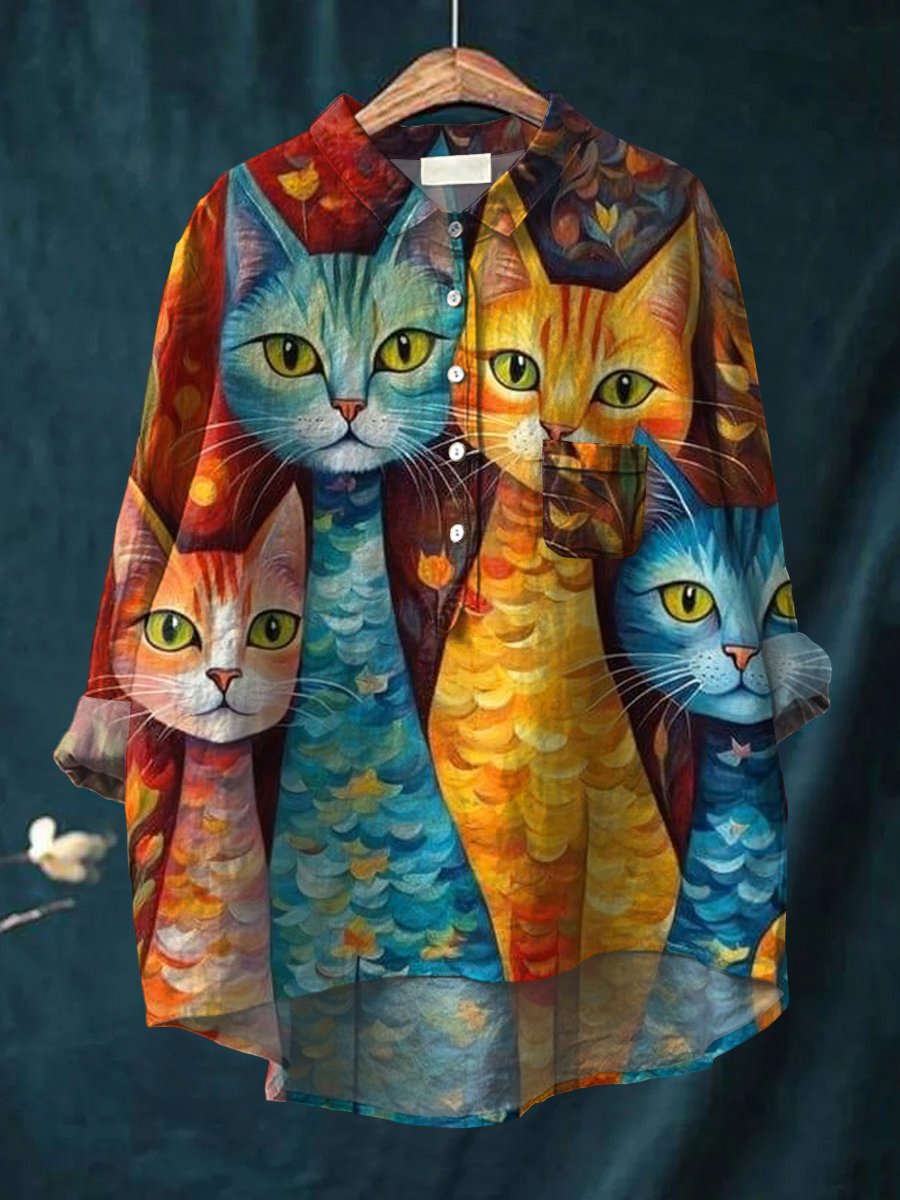 Women's Cat Art Print Casual Cotton And Linen Shirt