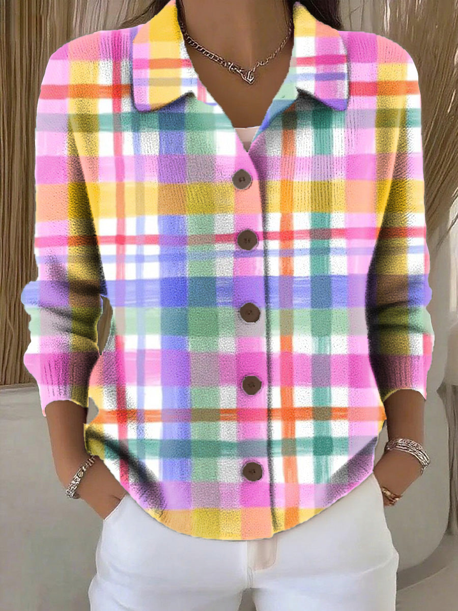 Women's Beautiful Colorful Plaid Painting Art Print Cowl Neck Sweater
