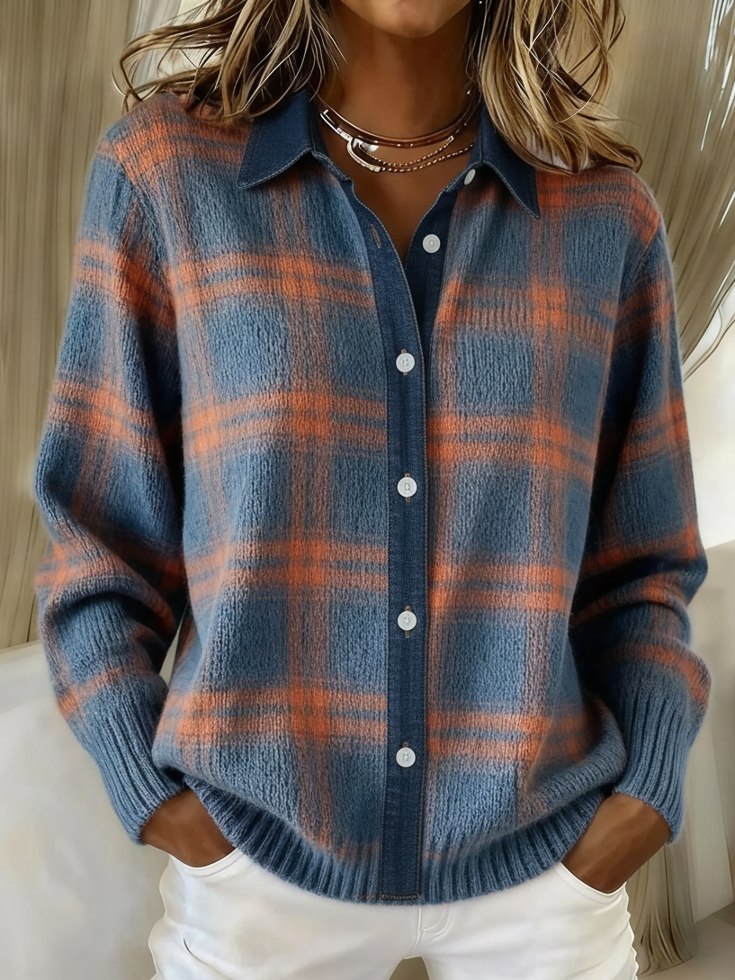 Denim Patchwork Contrast Plaid Polo Collar Button Cardigan Sweater