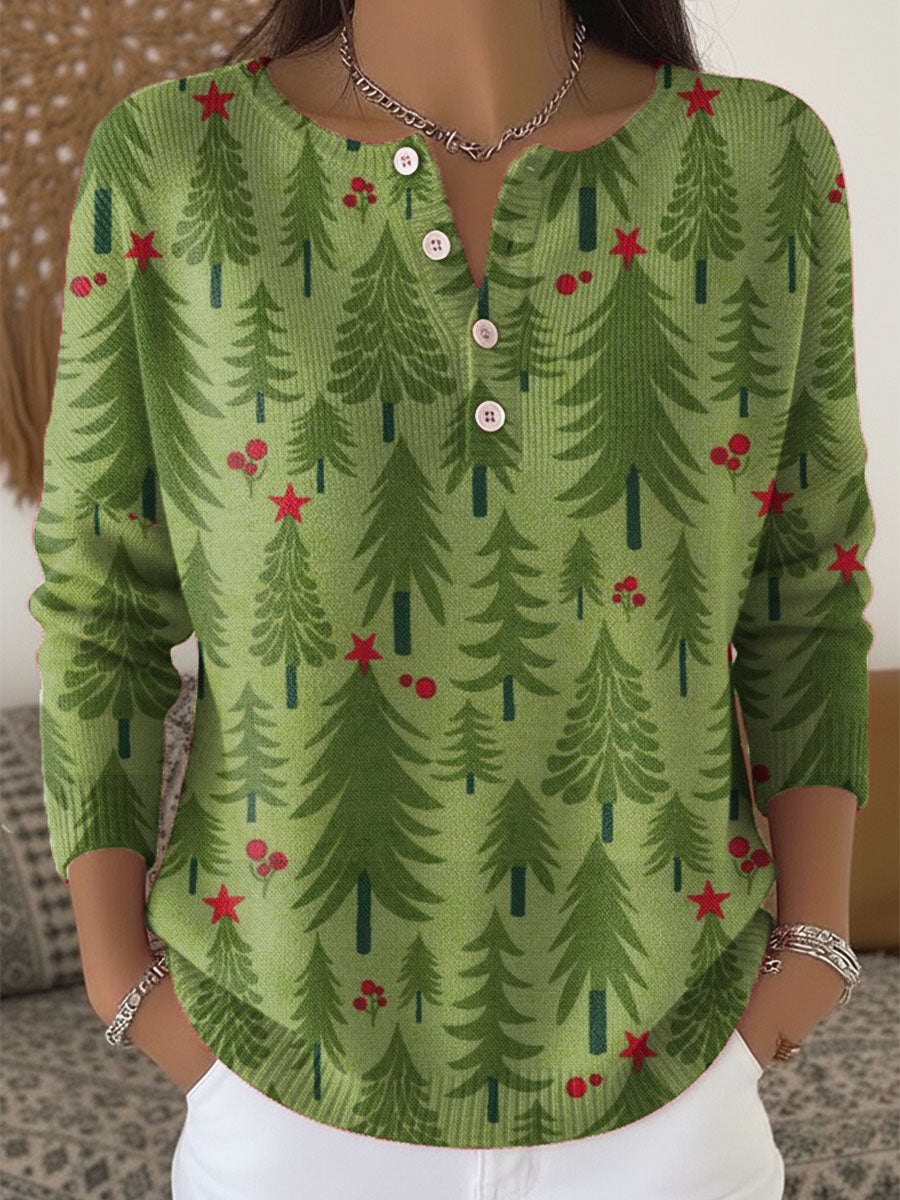 Vintage  Christmas Art Print Buttoned Cardigan Sweater