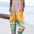 Women's Colorful Abstract Ripple Art Print Casual 100% Cotton Wide Leg Jumpsuit