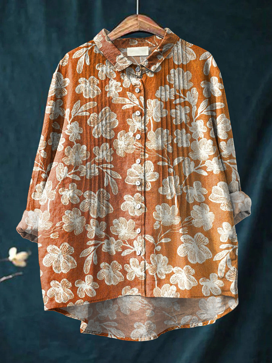 Women's Beautiful Vintage Floral Painting Art Print Casual Cotton And Linen Ruffle Shirt