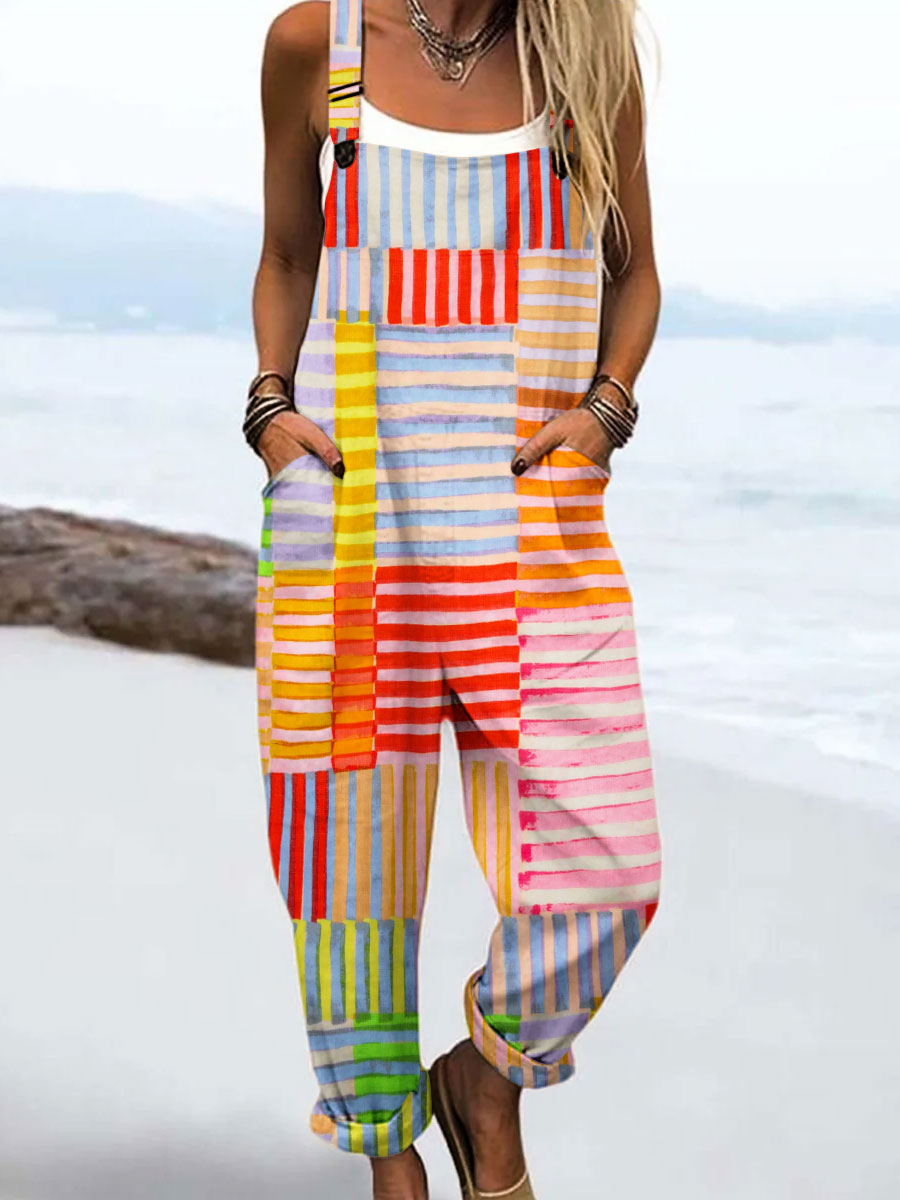 Women's Vintage Abstract Geometric Line Art Print Casual 100% Cotton Wide Leg Jumpsuit