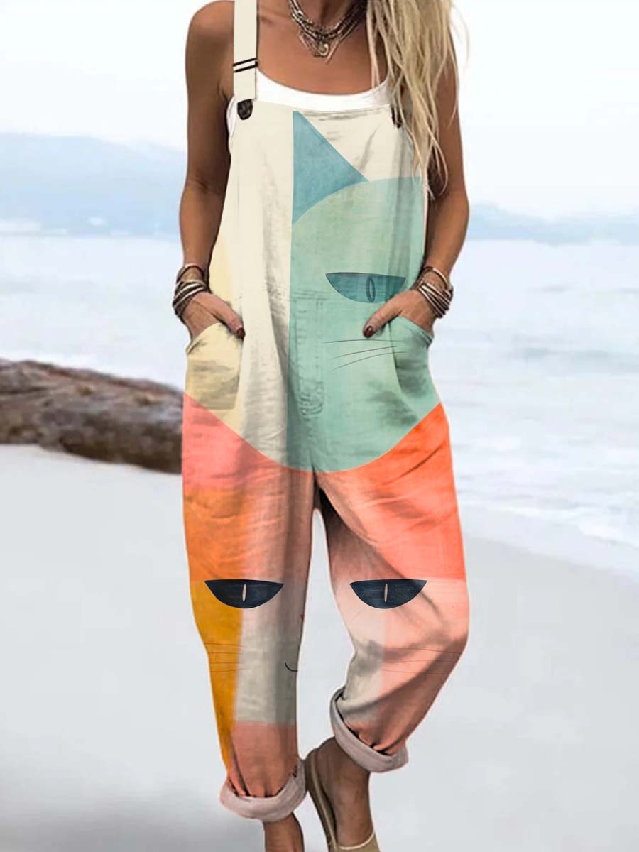 Women's Lovely Cats Art Print Casual 100% Cotton Wide Leg Jumpsuit
