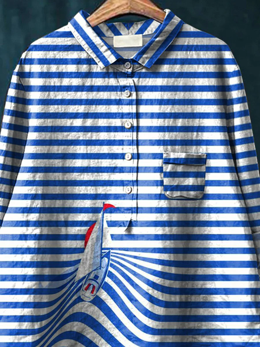 Funny Little Boat Art Printed Women's Casual Cotton And Linen Shirt