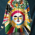 Women's Colorful Abstract Sun Print Casual Cotton And Linen Shirt