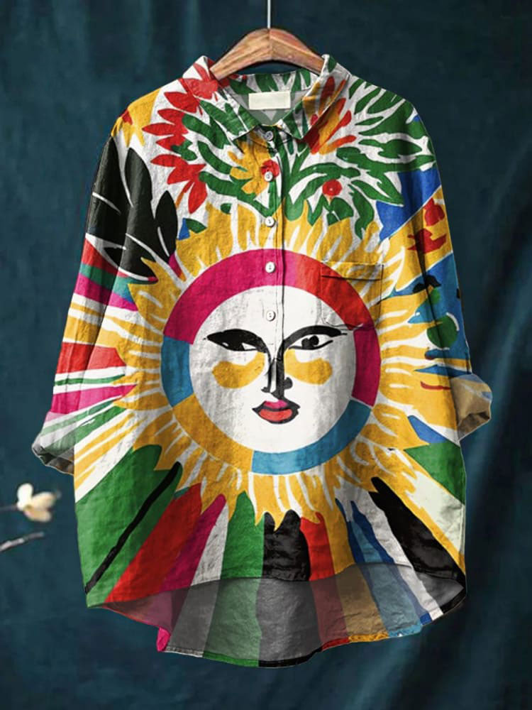 Women's Colorful Abstract Sun Print Casual Cotton And Linen Shirt