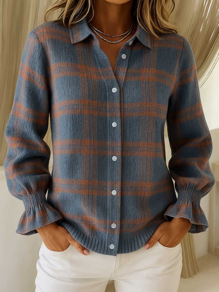 Women's Plaid Print Long Sleeve Casual Loose Cardigan Knit Top