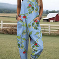 Women's Artistic Green Tomatoes Print Casual 100% Cotton Wide Leg Jumpsuit