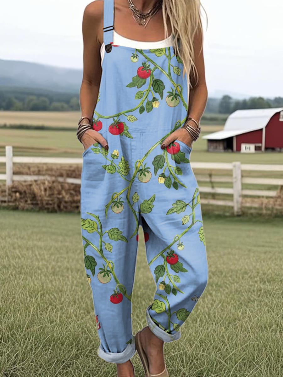 Women's Artistic Green Tomatoes Print Casual 100% Cotton Wide Leg Jumpsuit