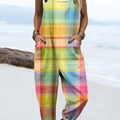 Women's Colourful Art Stripe Plaid Print Casual 100% Cotton Wide Leg Jumpsuit
