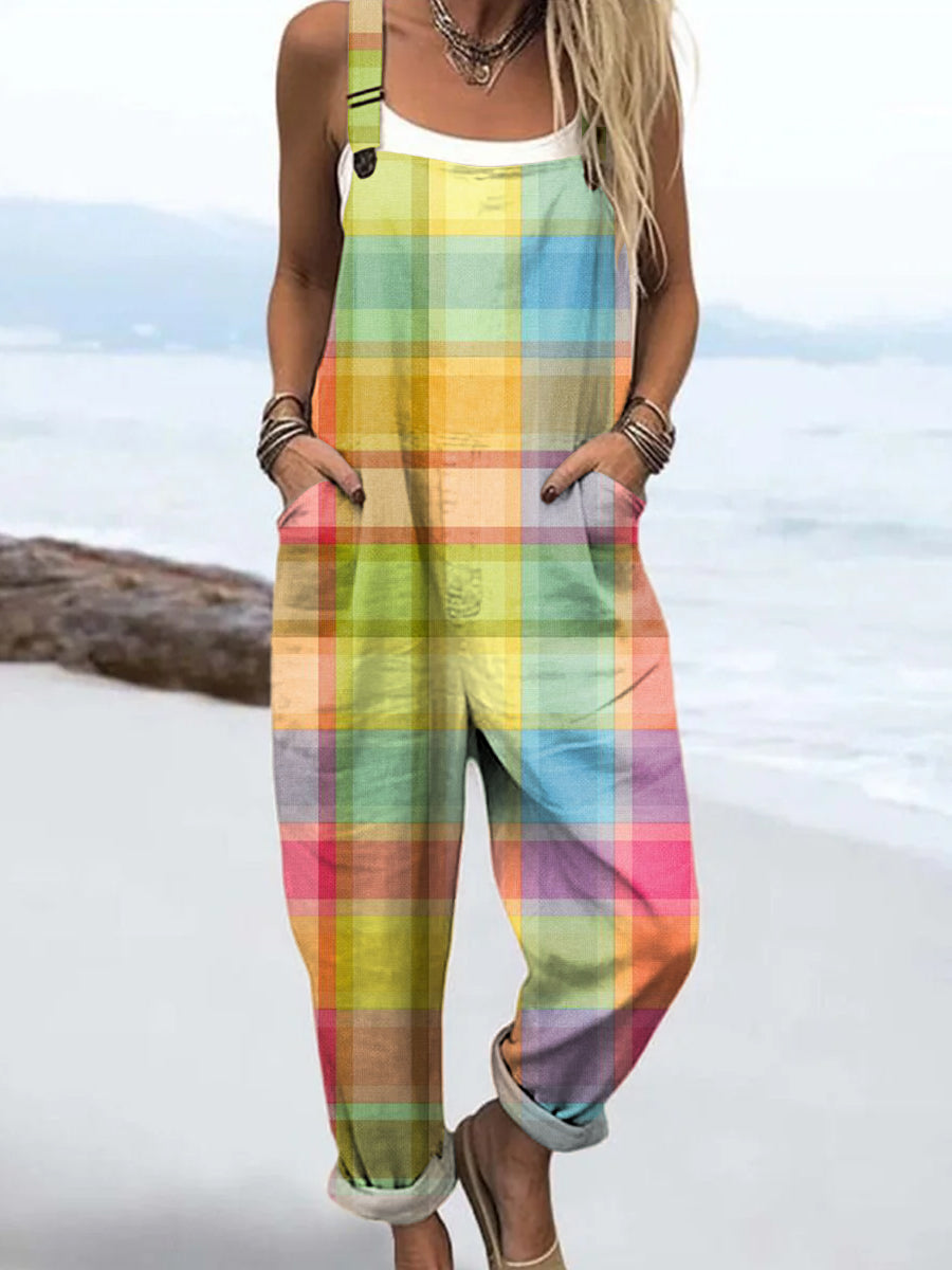 Women's Colourful Art Stripe Plaid Print Casual 100% Cotton Wide Leg Jumpsuit