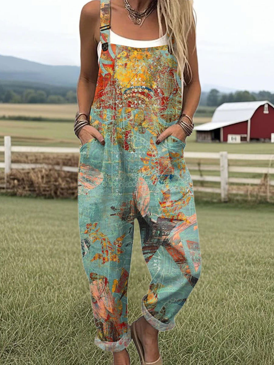 Women's Vintage Art Print Casual 100% Cotton Wide Leg Jumpsuit