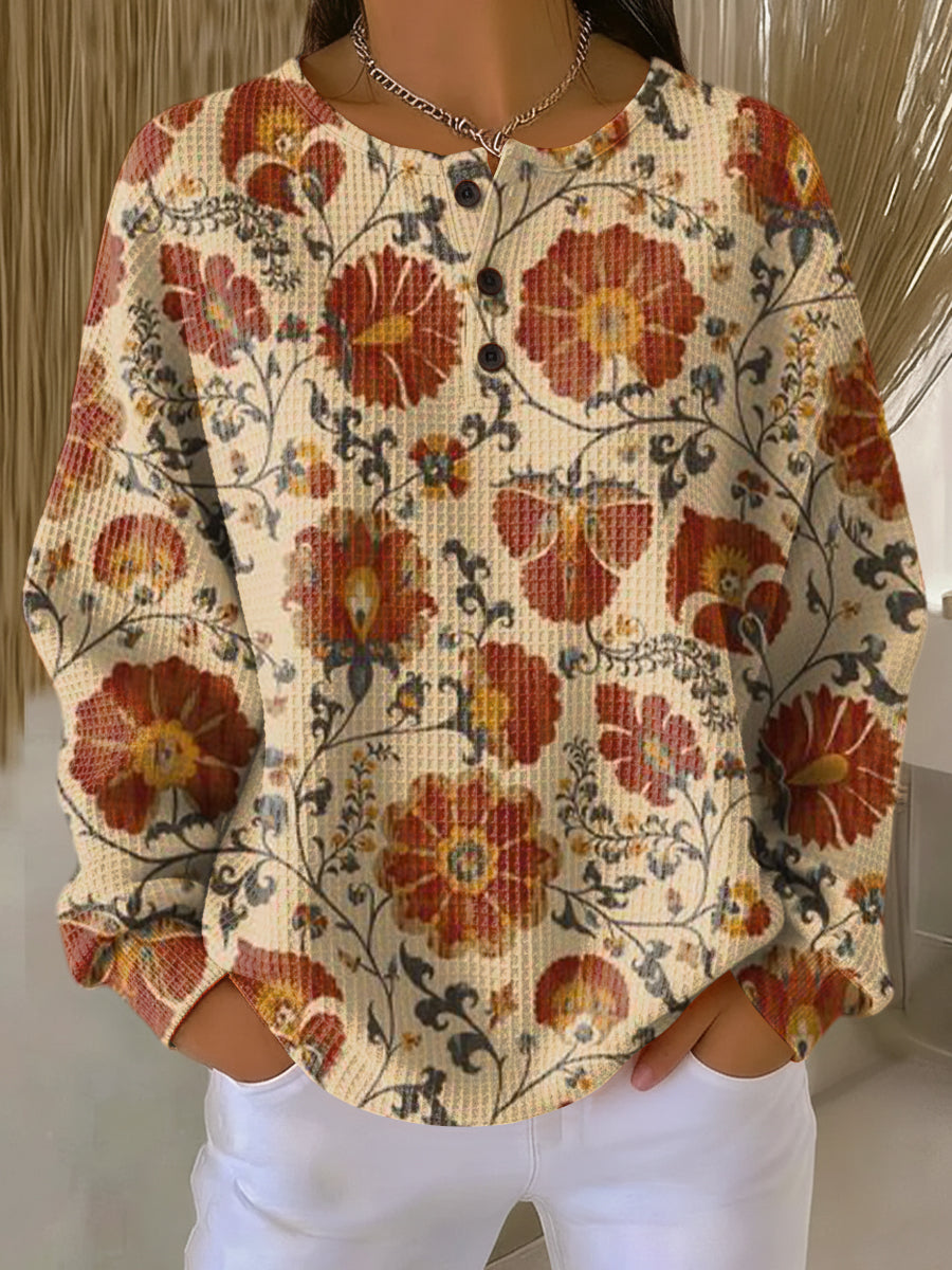 Women's Beautiful Ethnic Floral Painting Art Print Casual Cotton Sweatshirt