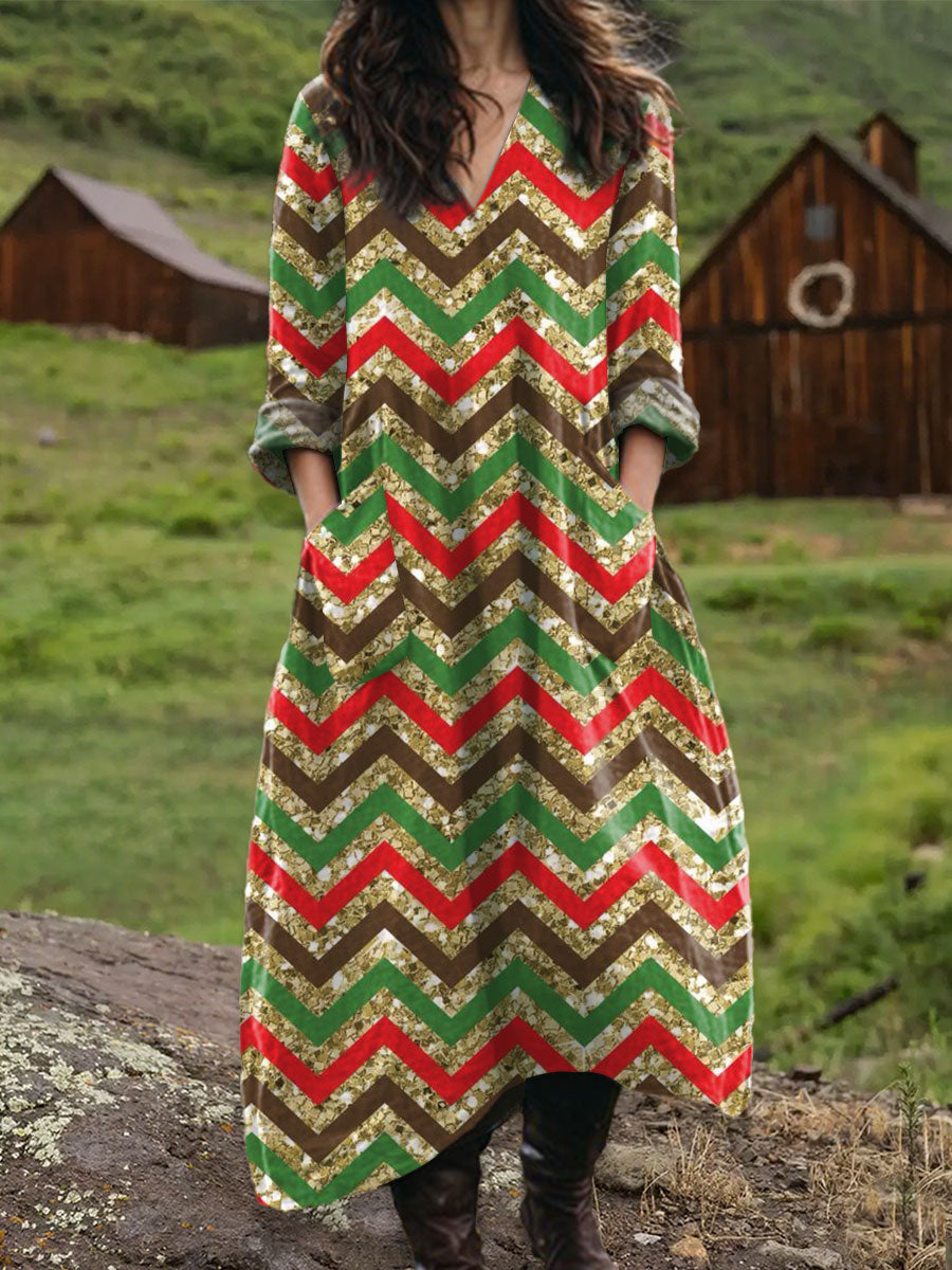 Women's Vintage Christmas Plaid Art Print Pocket V-neck Cotton Dress