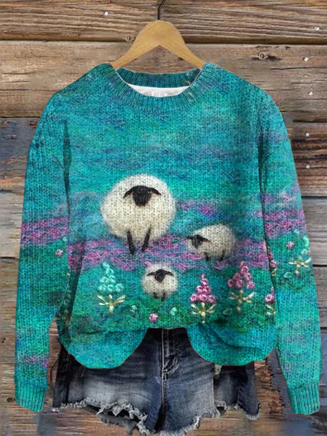 vintage-cute-sheep-art-print-knit-pullover-sweater