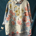 Chemise décontractée en coton et lin à imprimé floral vintage pour femme 