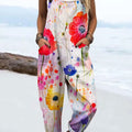 Women's Vintage Flowers Art Print Casual 100% Cotton Wide Leg Jumpsuit