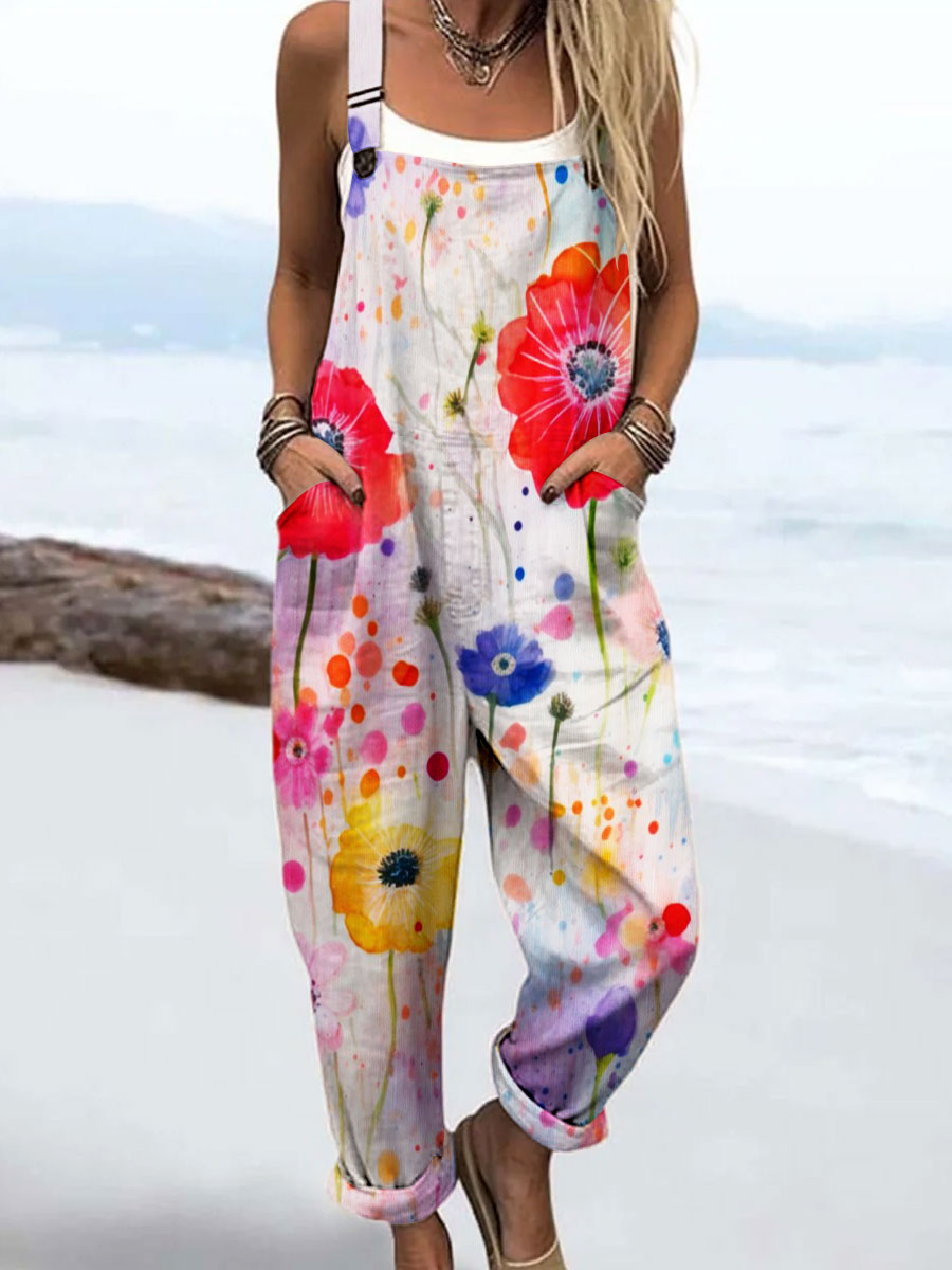 Women's Vintage Flowers Art Print Casual 100% Cotton Wide Leg Jumpsuit