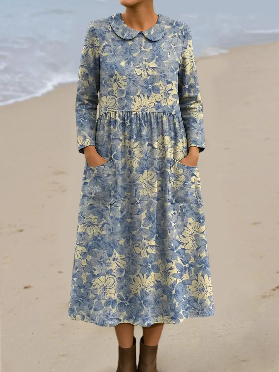 Women's Vintage Floral Art Print Casual Cotton Dress