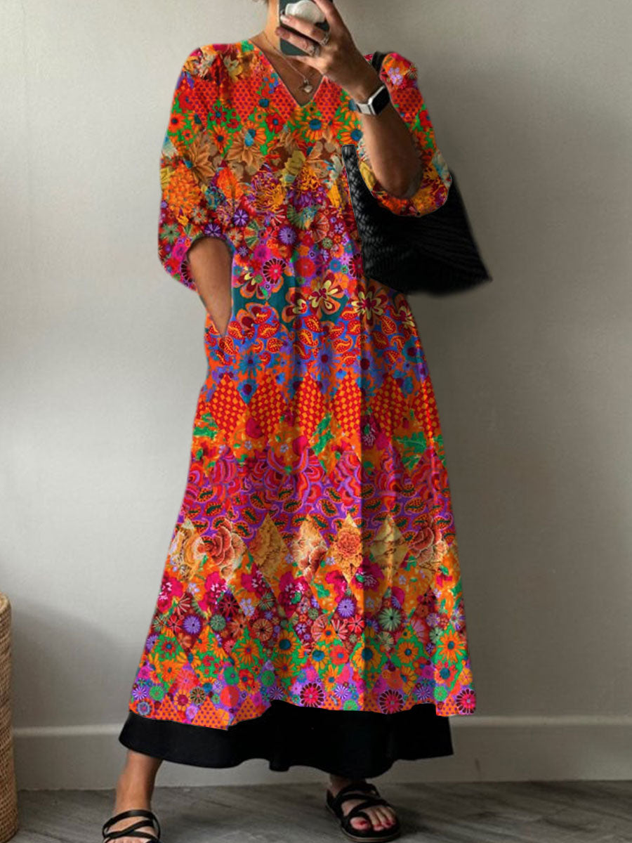 Women's Vintage Flower Art Print Pocket V-neck Cotton Dress