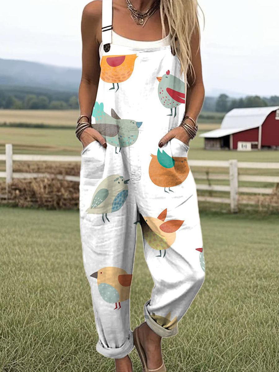 Women's Art Creative Fun Birds Print Casual 100% Cotton Wide Leg Jumpsuit