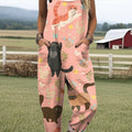 Women's Colorful Cute Cat Painting Art Print Casual 100% Cotton Wide Leg Jumpsuit