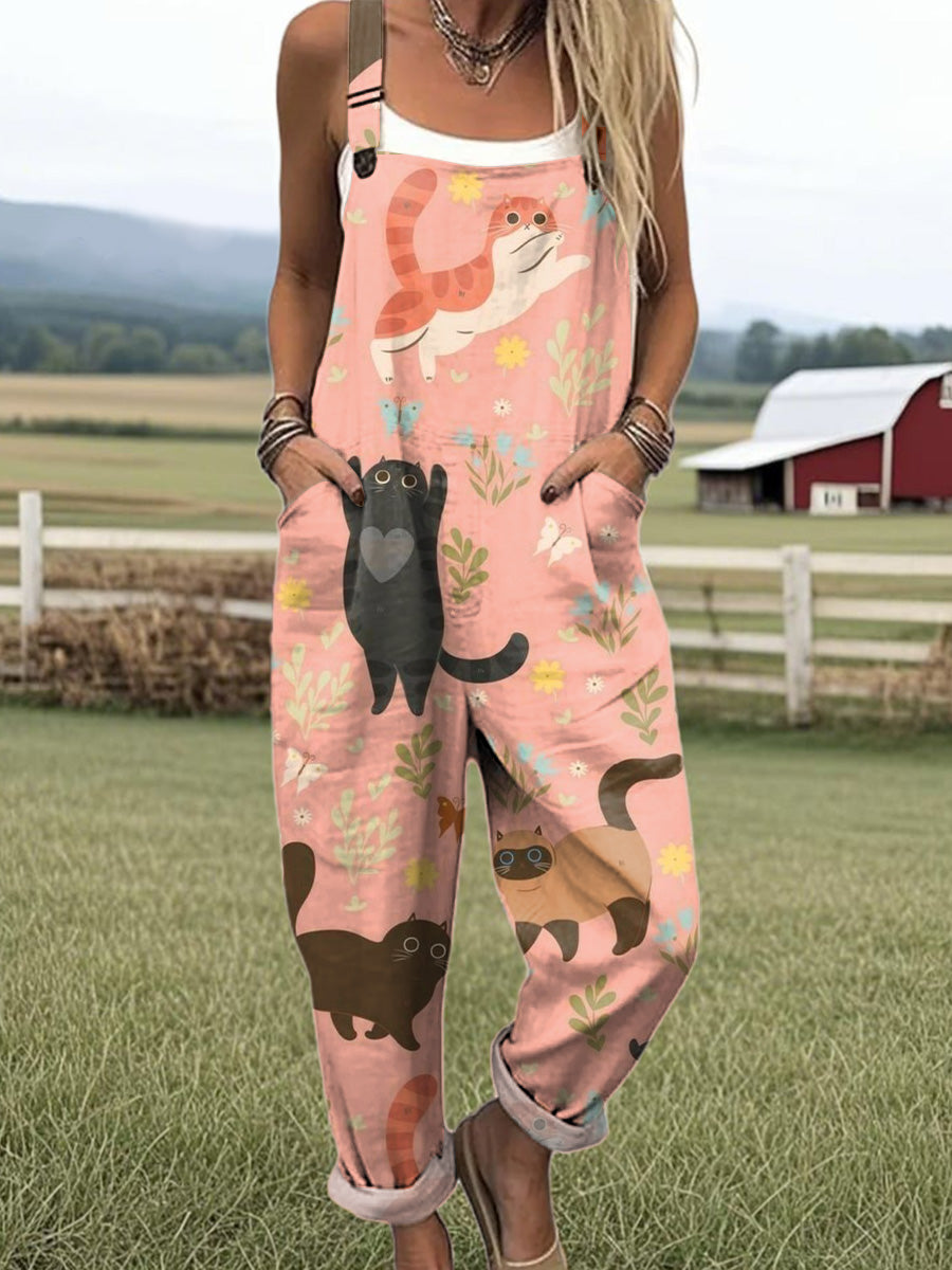 Women's Colorful Cute Cat Painting Art Print Casual 100% Cotton Wide Leg Jumpsuit