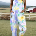 Damen-Jumpsuit mit Vintage-Bienen- und Blumenmuster, lässig, aus 100 % Baumwolle, mit weitem Bein 