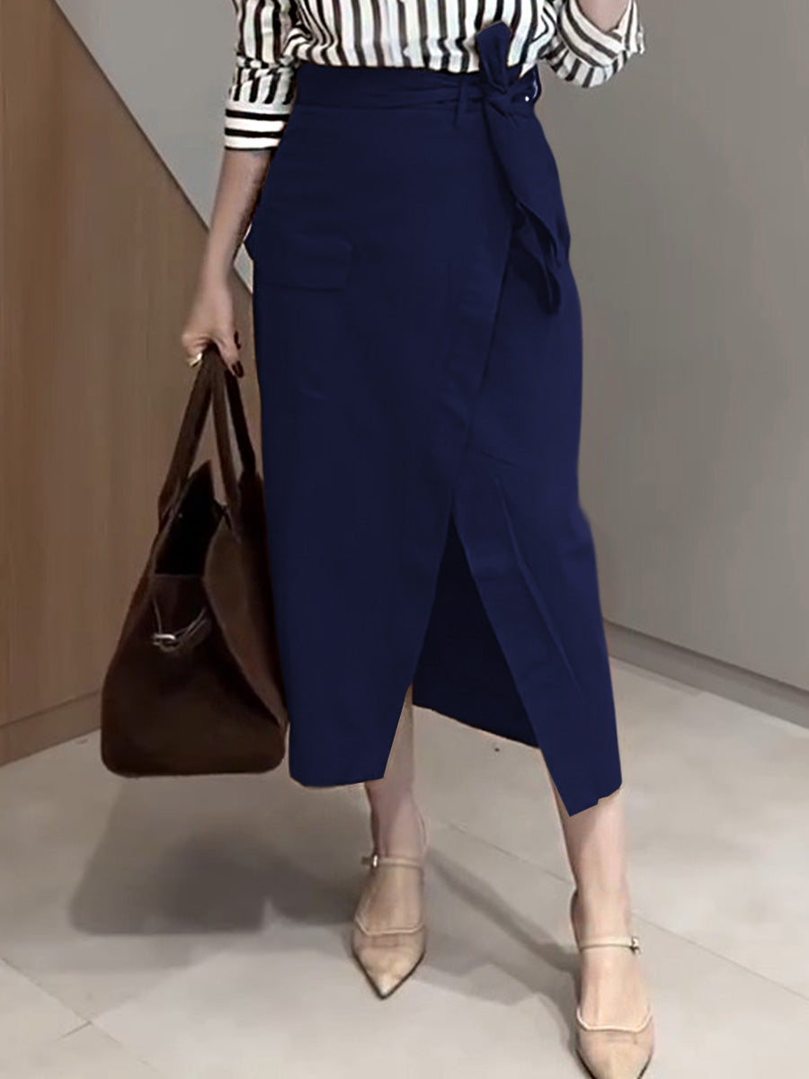 Women's Solid Color High Waist Casual Tie Pocket Cotton Skirt