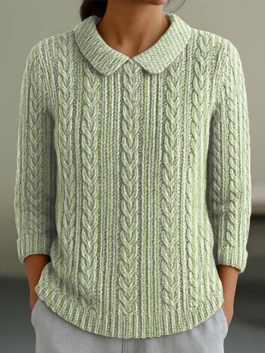 womens-green-line-pattern-casual-peter-pan-collar-3-4-sleeve-sweater