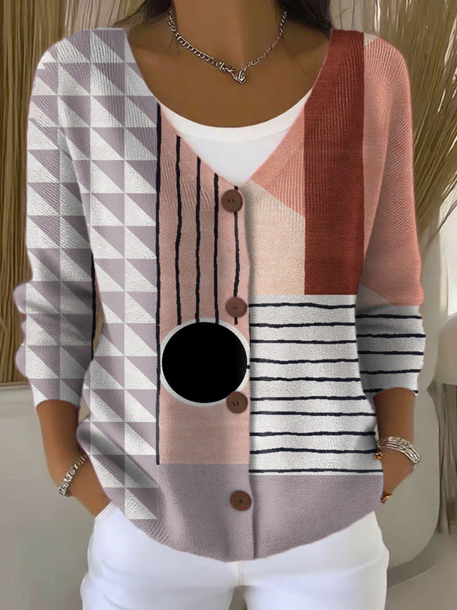 Vintage Abstract Geometry Art Print Buttoned V-neck Cardigan Sweater