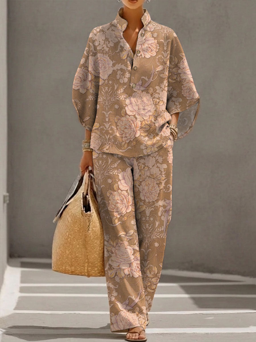 Women's Floral Print Casual Cotton-linen Two-piece Set
