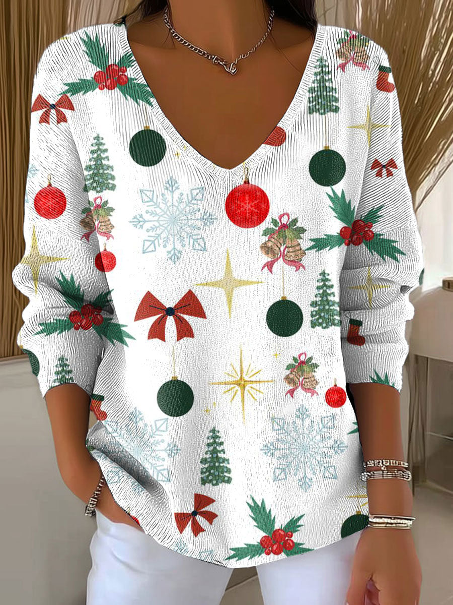 Women's Christmas Snowman Tree Pattern Print Casual Pullover Sweater