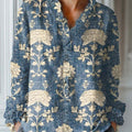 Women's Vintage Floral Pattern Art Print Casual Cotton And Linen Ruffle Shirt