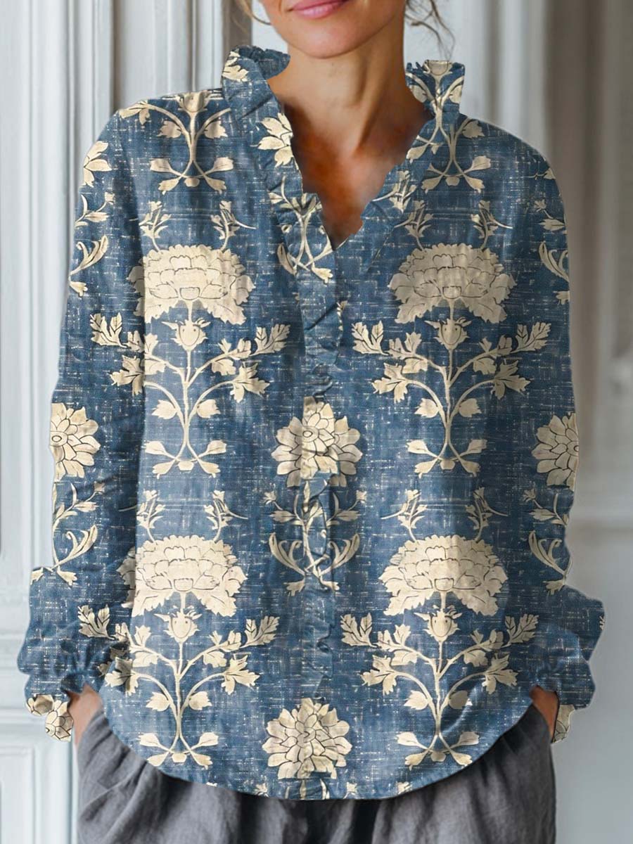 Women's Vintage Floral Pattern Art Print Casual Cotton And Linen Ruffle Shirt
