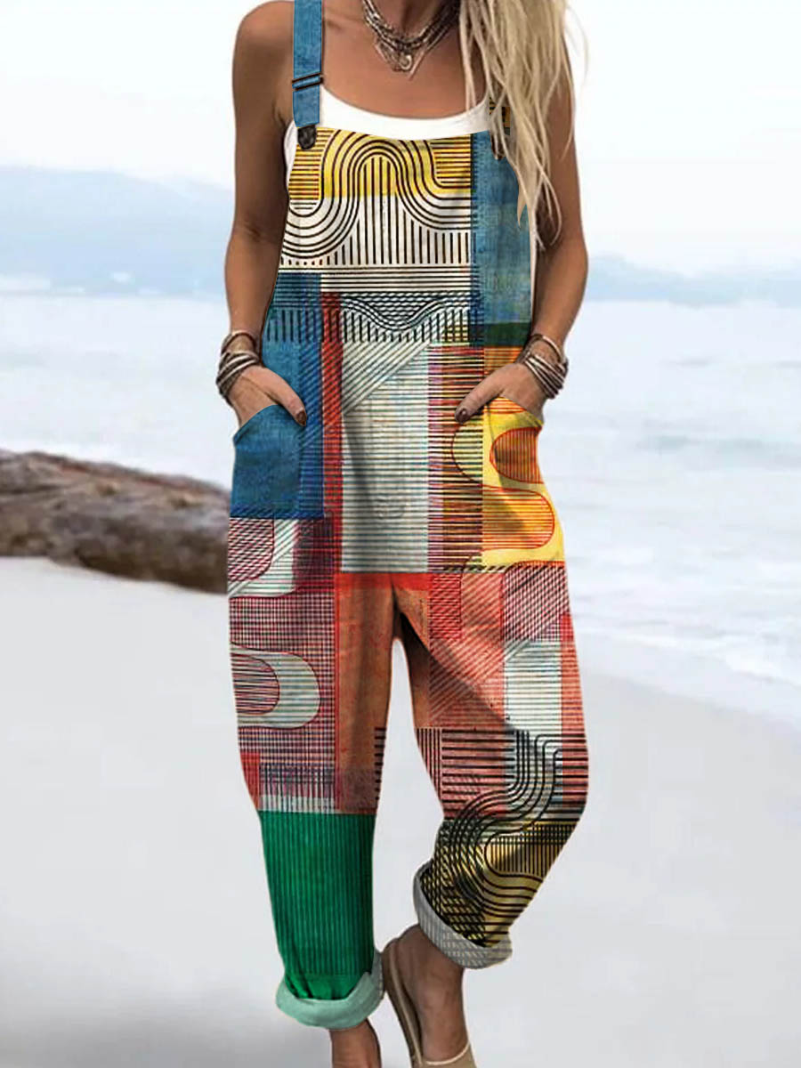 Women's Geometric Line Pattern Art Print Casual 100% Cotton Wide Leg Jumpsuit