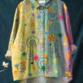 Women's Abstract Stars Pattern Art Print Casual Cotton And Linen Ruffle Shirt